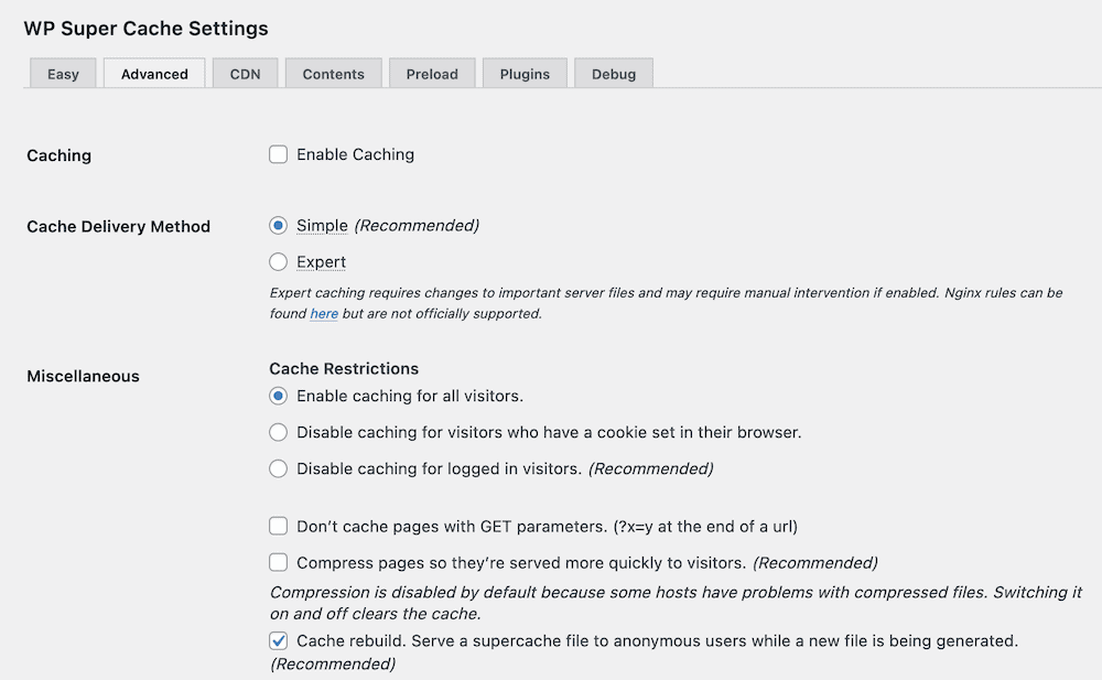 علامة التبويب WP Super Cache Advanced.