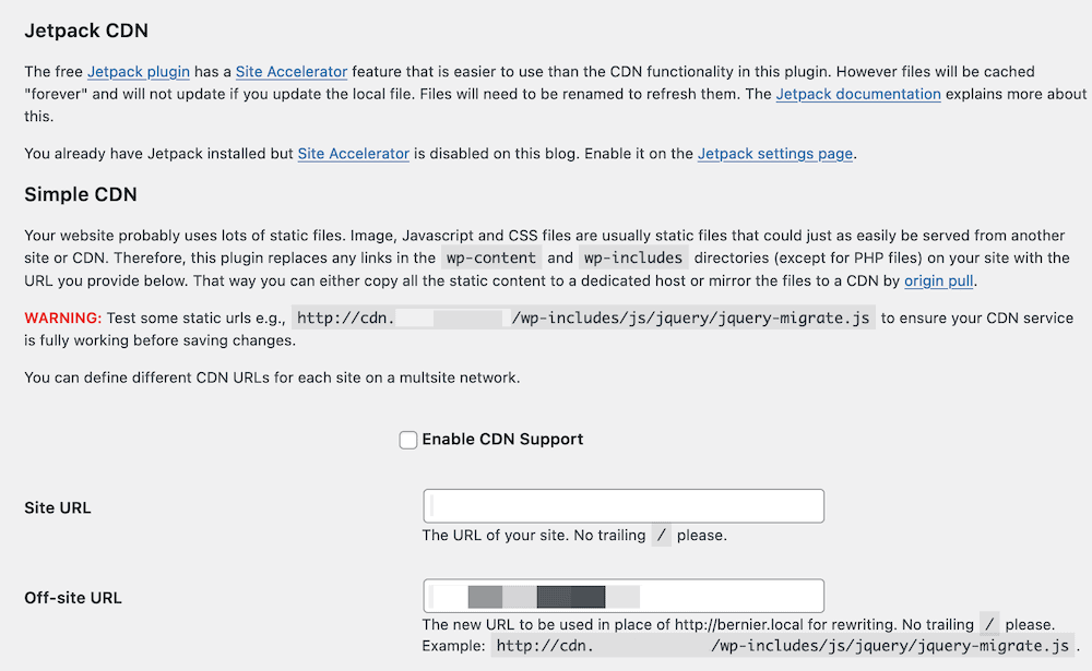 Opciones de CDN de WP Super Cache.