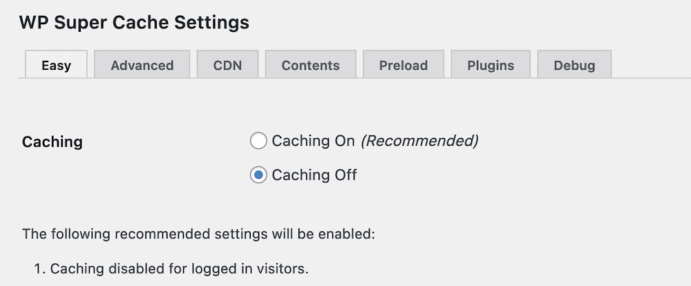 La pestaña WP Super Cache Easy.