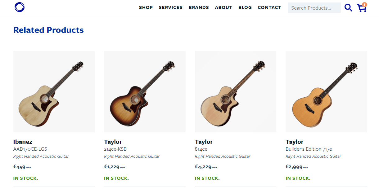 Una sección de "Productos relacionados" en una tienda de guitarras en línea.