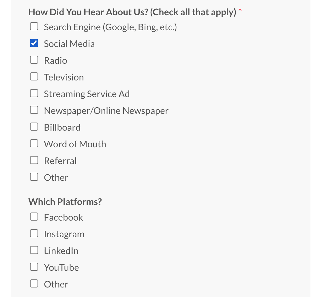 social media conditional logic checkboxes