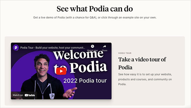 Podia ขอตัวอย่างหน้า Landing Page สาธิต