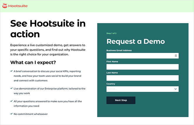 Hootsuite запрашивает демонстрационный пример целевой страницы