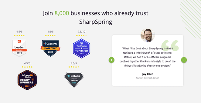 คำรับรองและรางวัลของ SharpSpring