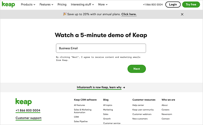 Keap demander une conception de page de destination de démonstration