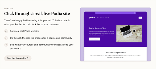 Podia デモサイトを見る