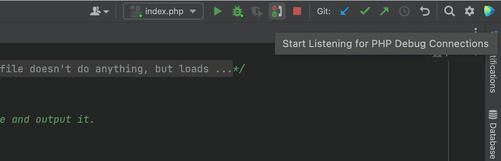 Un prim plan al barei de instrumente PhpStorm, care afișează opțiuni pentru configurația curentă de rulare, diverse opțiuni Git și pictograma de telefon Start Listening for PHP Debug Connections (completată cu tooltip).