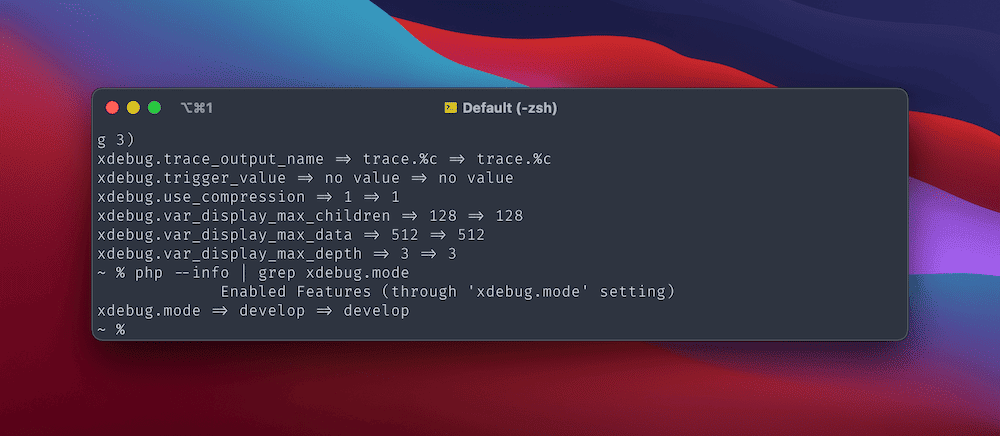 Una ventana de terminal que muestra varios ajustes de configuración diferentes de Xdebug (como nombres de salida y variables de visualización). El indicador muestra el