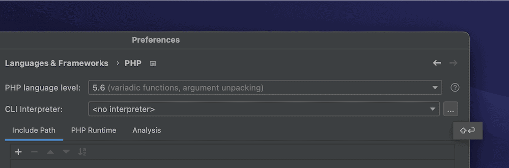 Una schermata parziale delle preferenze di PhpStorm, che mostra il collegamento alla pagina (