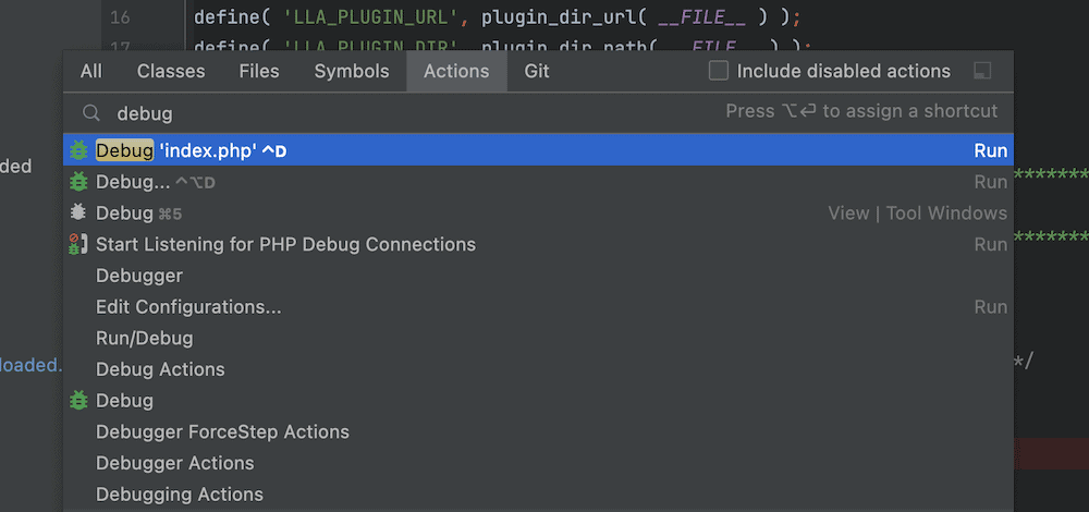 A interface PhpStorm, mostrando a tela Find Action. Existem vários filtros de pesquisa para Todos, Classes, Arquivos, Símbolos, Ações e Git. O termo de pesquisa é