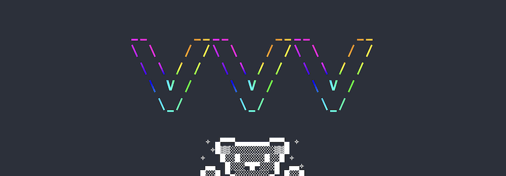 Um fundo azul contendo arte ASCII de 8 bits do logotipo Varying Vagrant Vagrants (