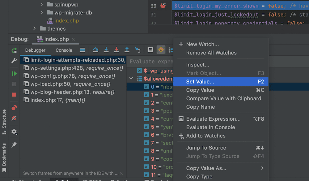 O porțiune a interfeței PhpStorm Debugger cu o listă de puncte de întrerupere, nume de fișiere, numere de linii și referințe de funcții în partea stângă. În dreapta arată o valoare evidențiată în cod, cu un meniu contextual deschis. Printre opțiuni se numără „Set Value…” — modalitatea de a atribui noi valori variabilelor și de a depana codul.