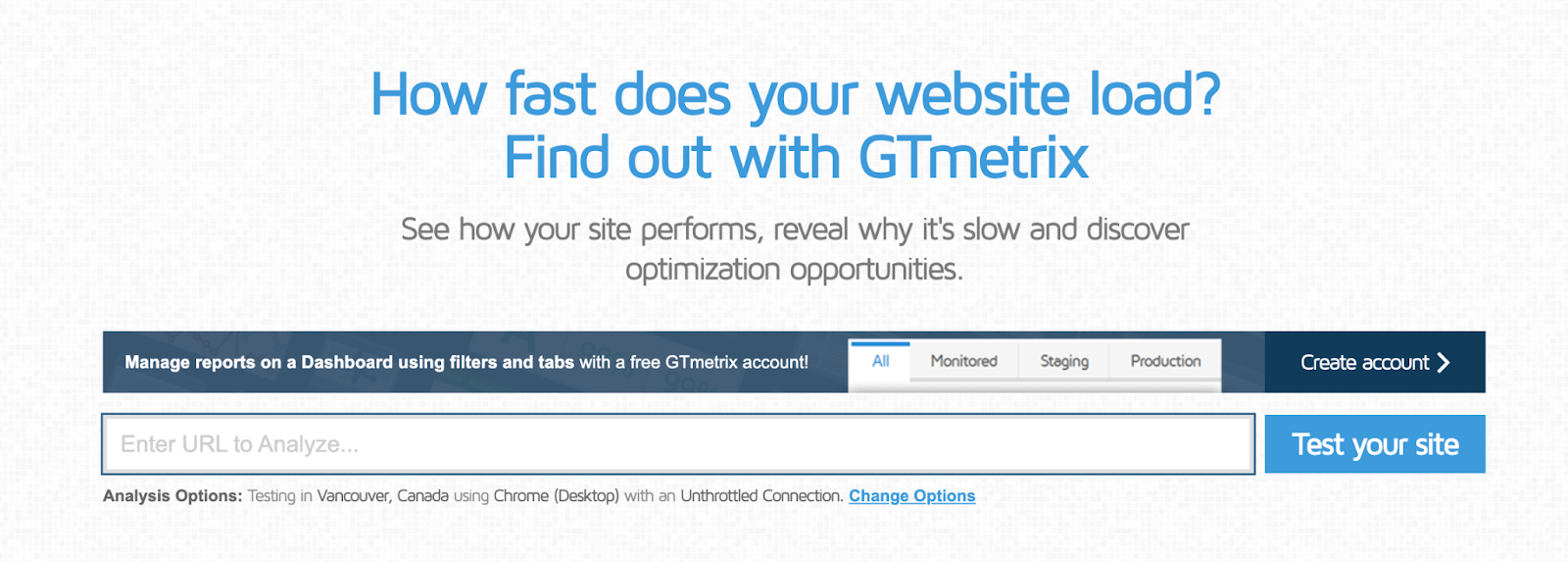 GTMetrix الصفحة الرئيسية مع شريط URL