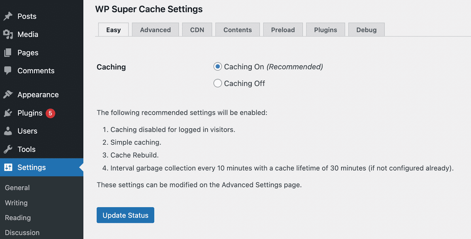 Configuración de WP Super Cache