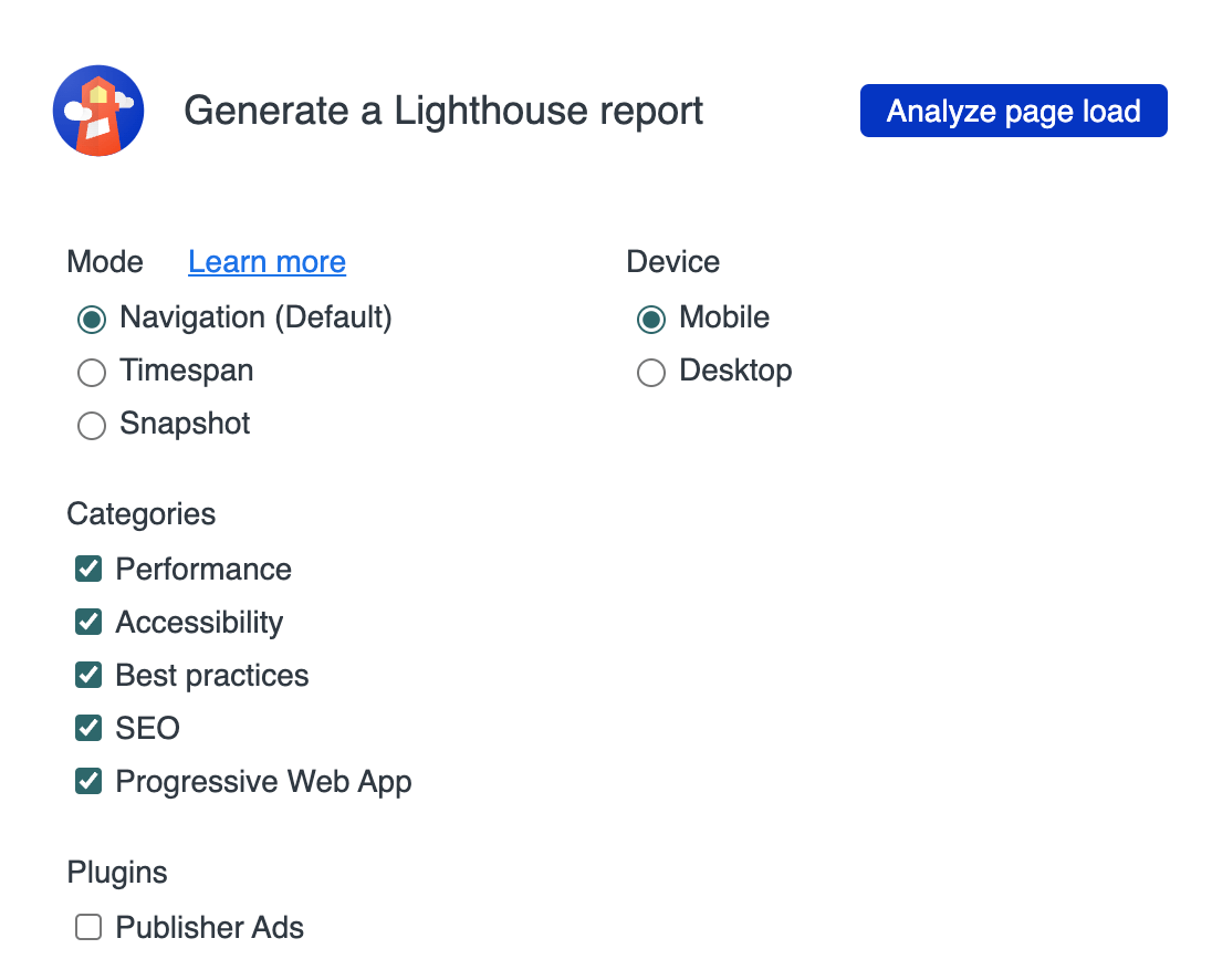 analyser le bouton de chargement de la page dans Lighthouse