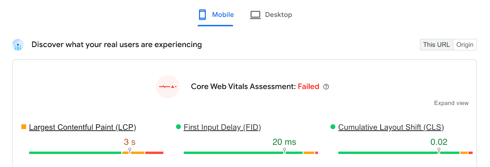 risultati di Google PageSpeed, che mostrano i punteggi per LCP, FID e CLS