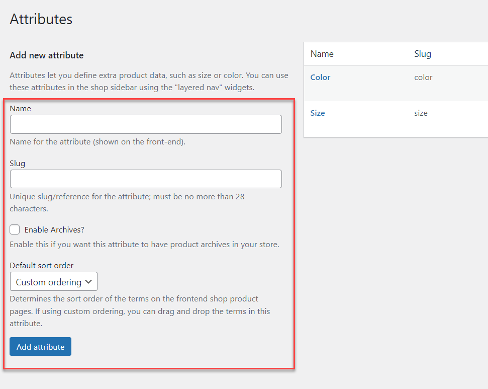 create attribute - ウーコマース製品を属性でフィルタリング