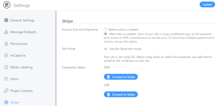 Vá para as configurações para conectar o Stripe