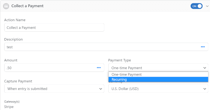 Ajuste suas configurações de pagamento Stripe nas configurações do formulário