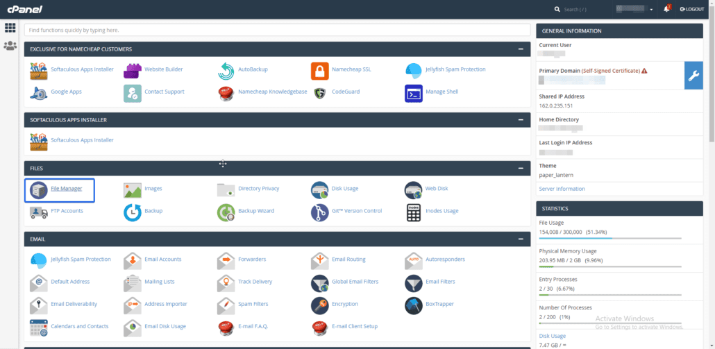 Sezione File Manager in cPanel