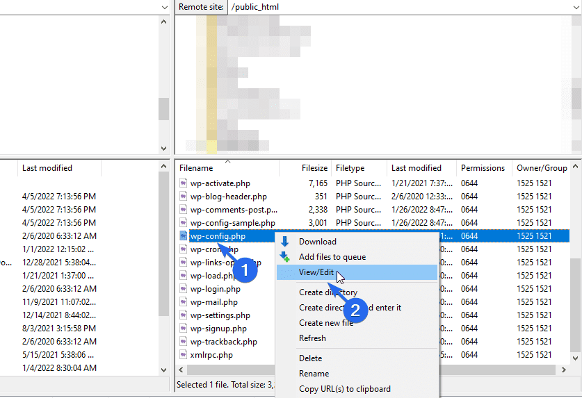 Fare clic su visualizza/modifica sul file wp-config.php