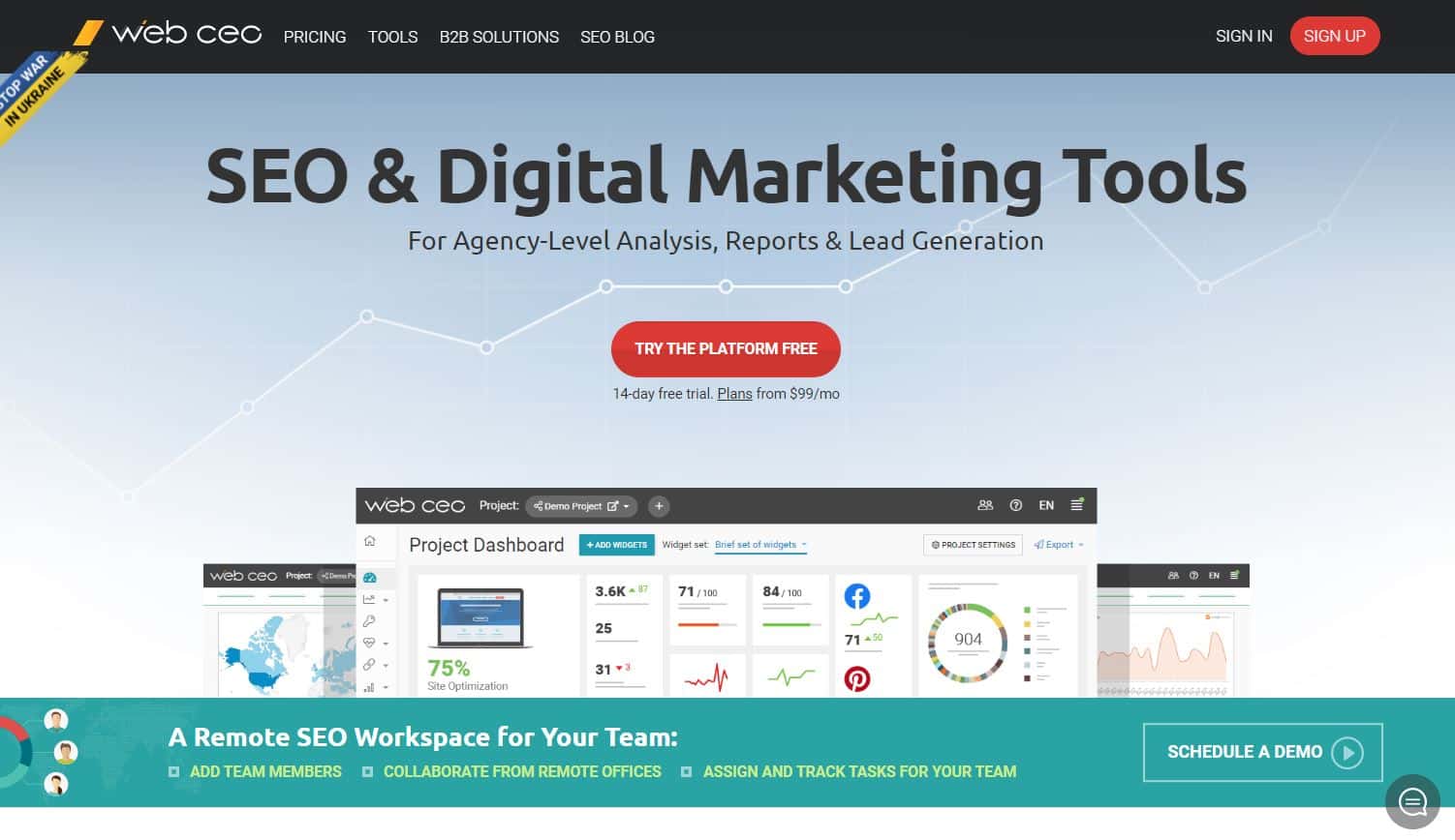 La page d'accueil de WebCEO avec le titre "SEO & Digital Marketing Tools".