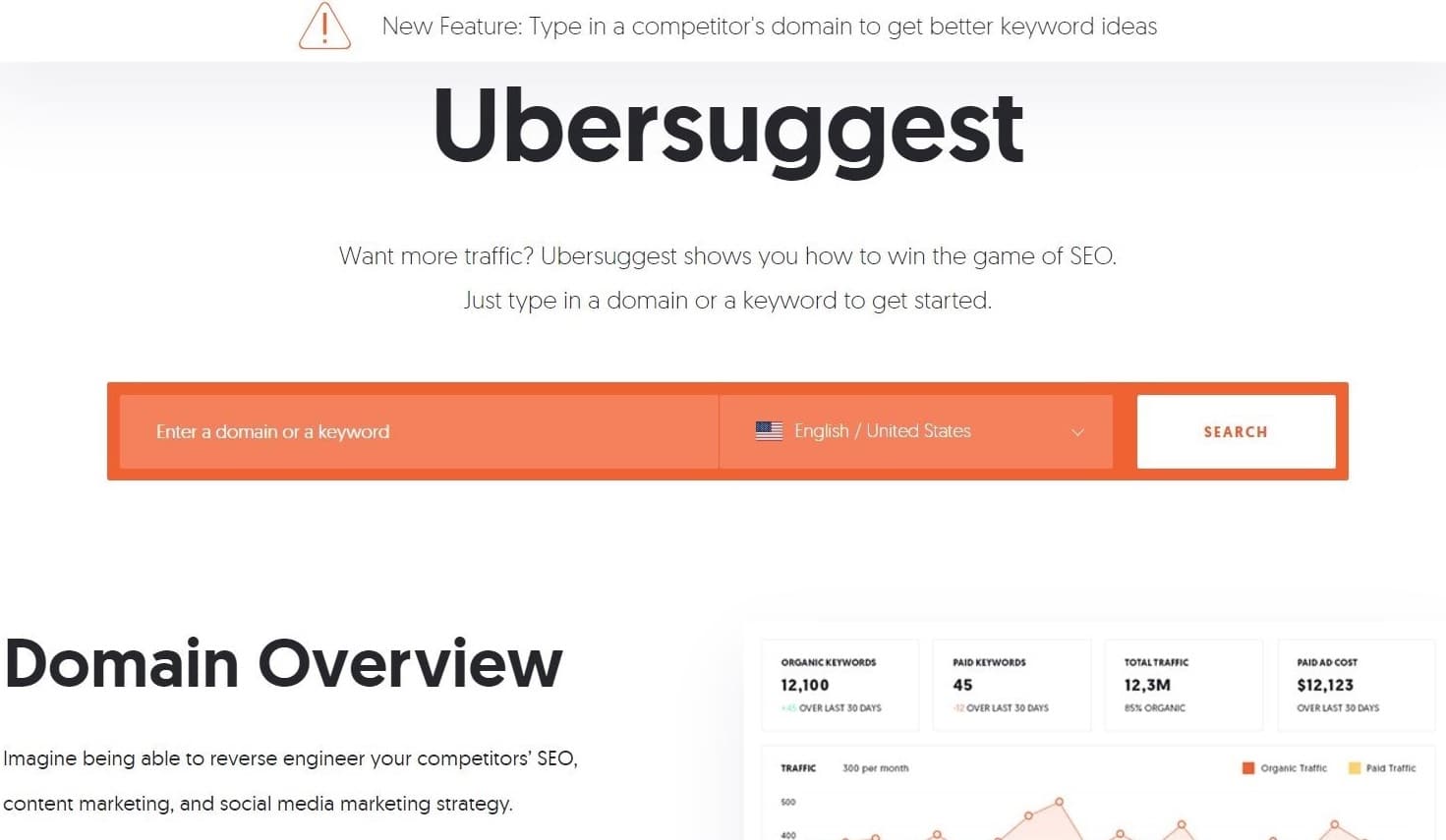 Ubersuggest 主页设有一个大的橙色域搜索栏。