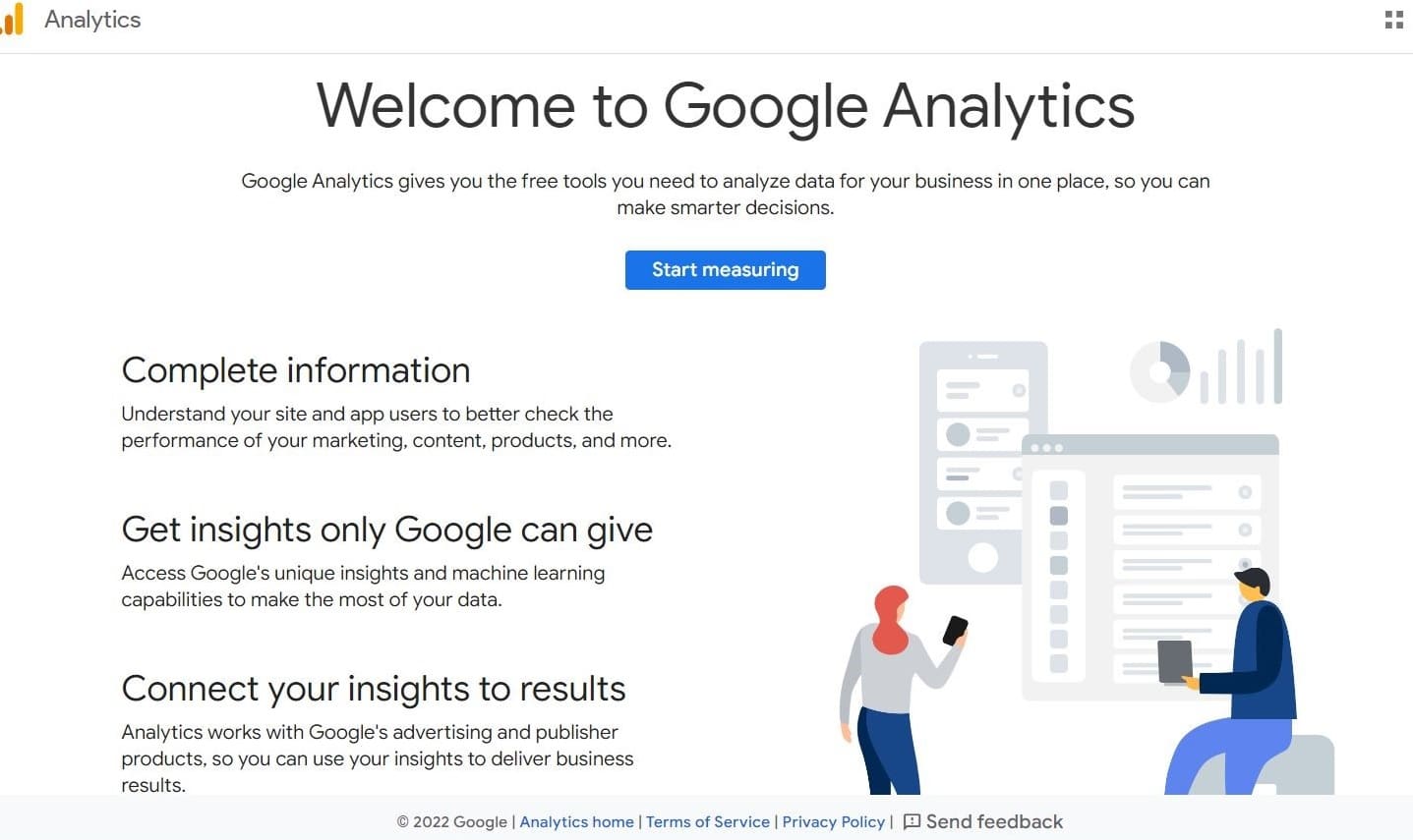 Google Analytics（分析）主页包含“完整信息”、“获取只有 Google 可以提供的见解”和“将您的见解与结果联系起来”等类别。