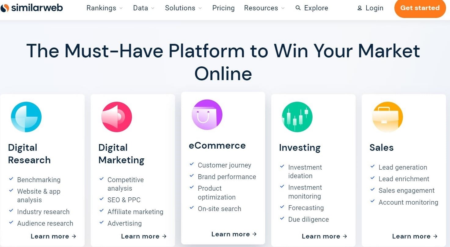 La página de inicio de Similarweb con el título "La plataforma imprescindible para ganar su mercado en línea".