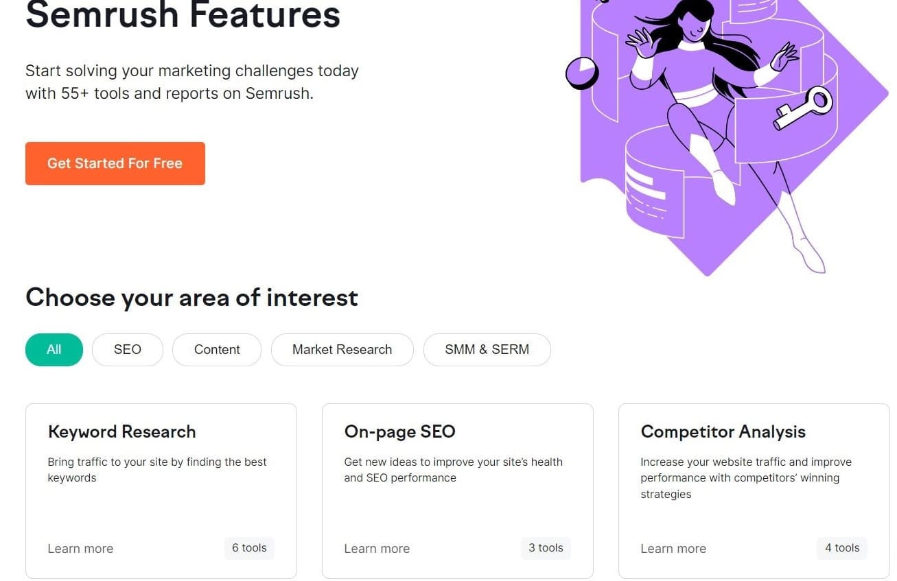 Semrushs Features-Seite mit einer Orange