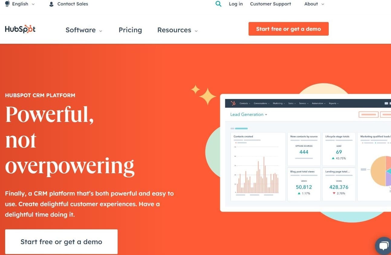 Die HubSpot-Homepage mit dem Slogan „Powerful, not overpowering.“