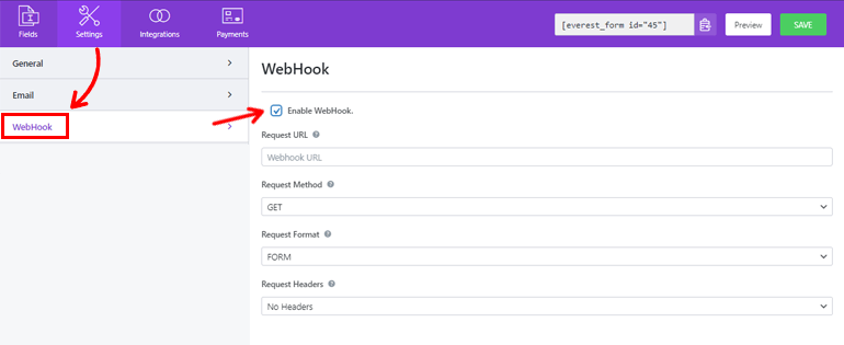 Impostazioni WebHook