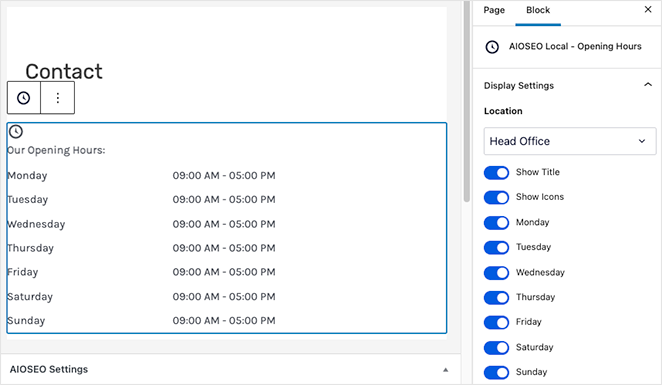 Horário de funcionamento do AIOSEO widget de bloco do WordPress