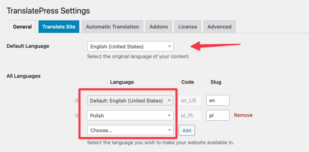 configuración de idioma de translatepress