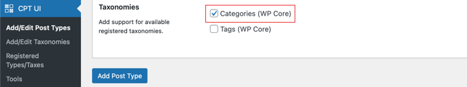 Zulassen, dass benutzerdefinierte Beitragstypen Kategorien verwenden