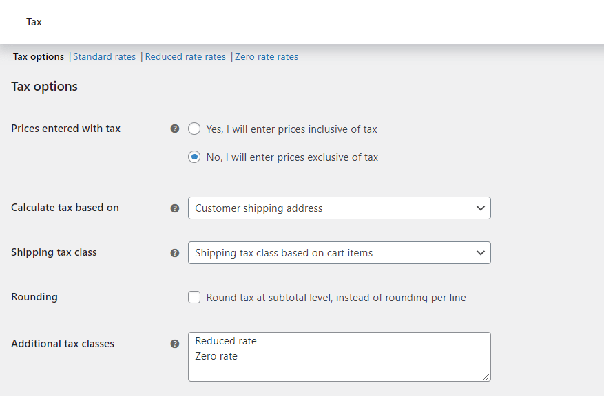 WooCommerce의 세금 옵션 - WordPress 없이는 온라인 상점을 만들 수 없습니다.