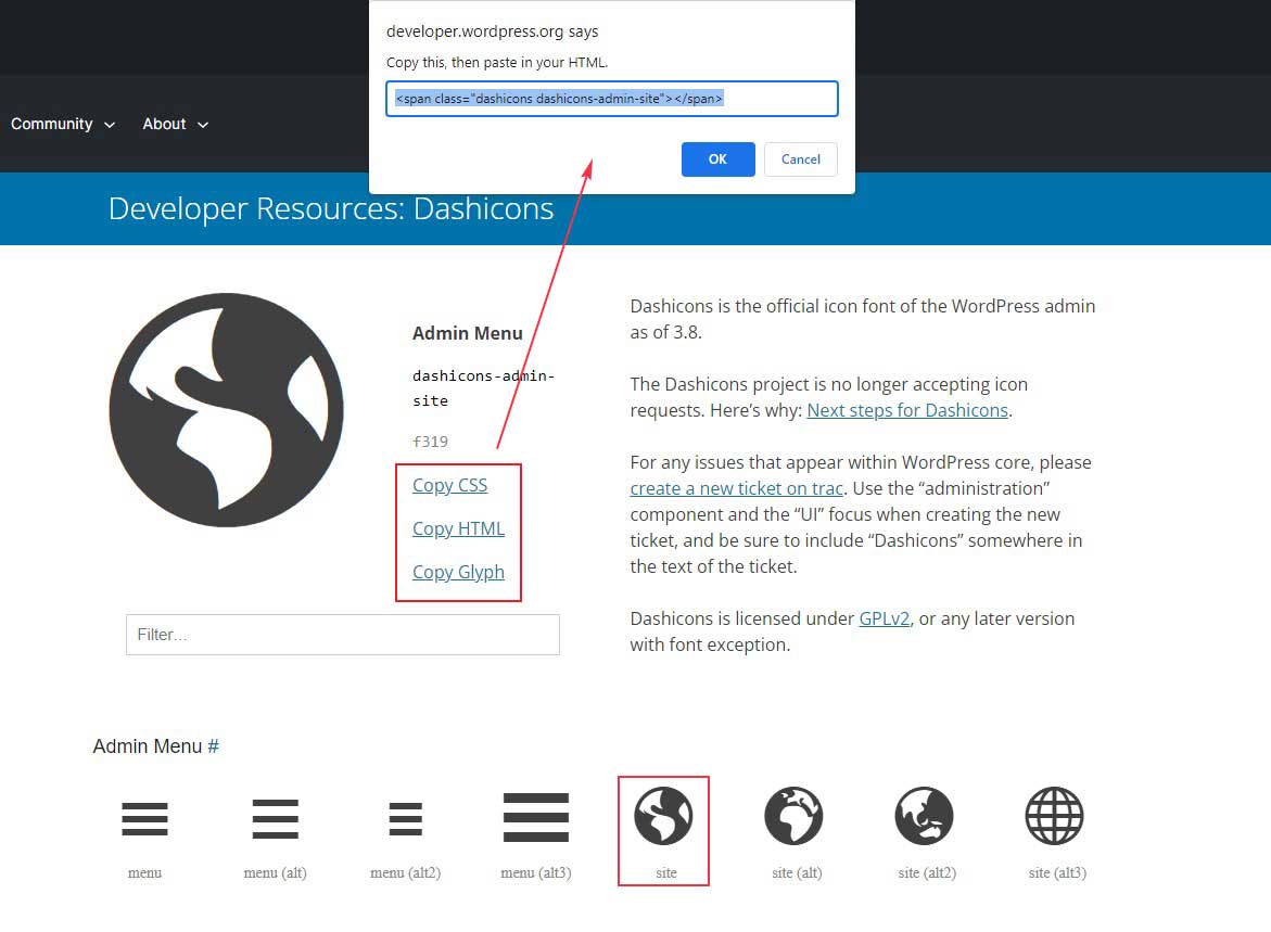 Получите код Dashicons HTML и CSS