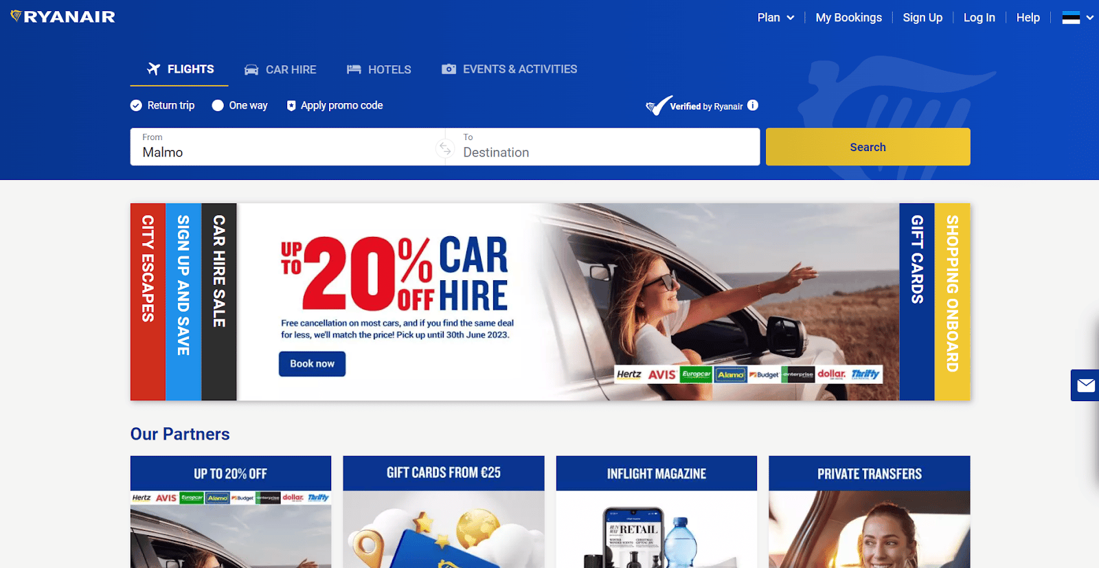 Die Startseite der adaptiven Website von Ryanair