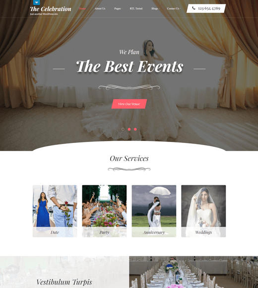 Tema WordPress para casamento no salão de banquetes