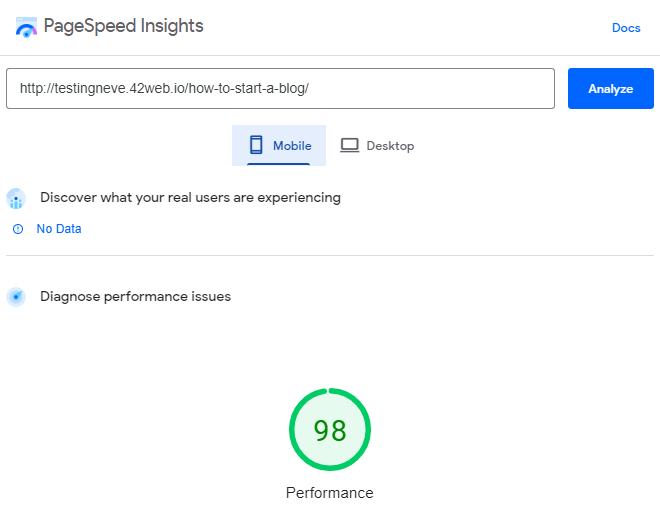 neve google page speed Insights มือถือ