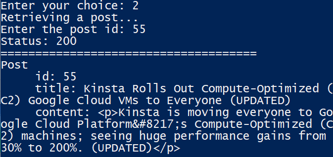 Returnează detaliile postării nou actualizate.