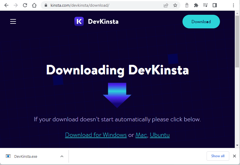 Captura de tela da página de download do DevKinsta.