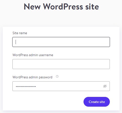 Nueva pantalla de creación de sitios de WordPress de DevKinsta.