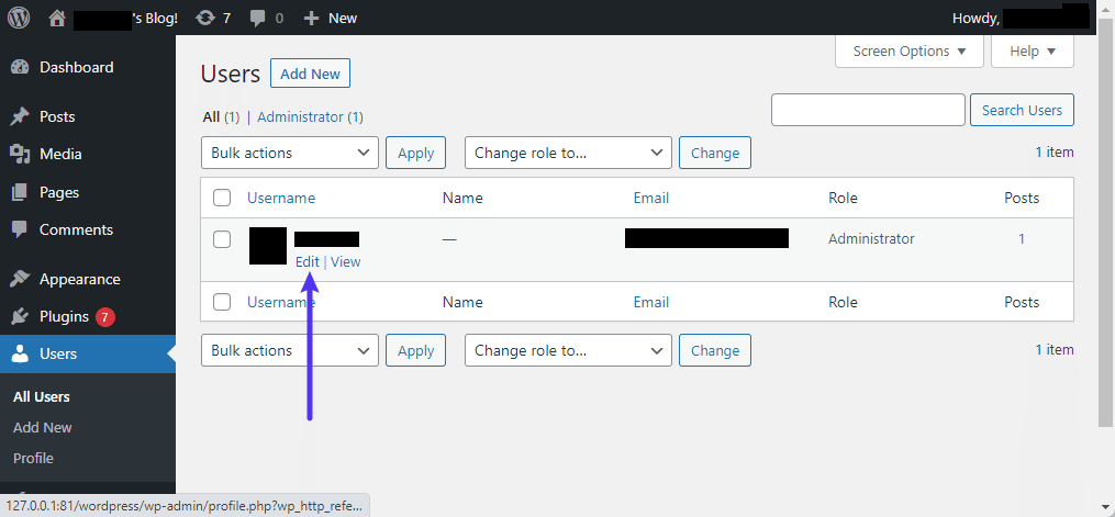 [ユーザー] メニューの下の WordPress ユーザーの下にある [編集] ボタンをクリックします。