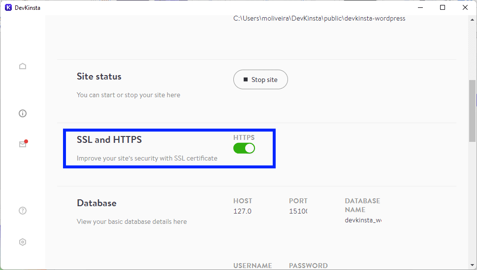 Habilitando a opção SSL e HTTPS do DevKinsta.