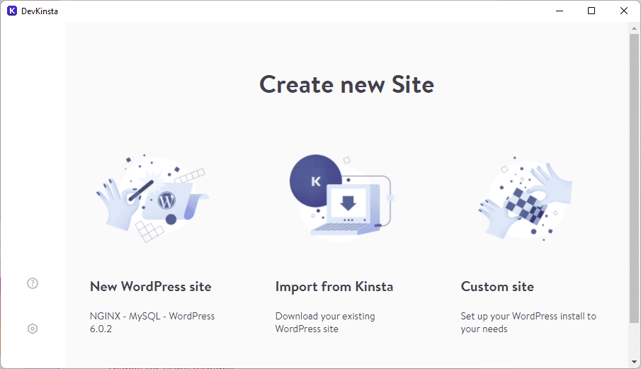 DevKinsta crée un nouvel écran de site WordPress.