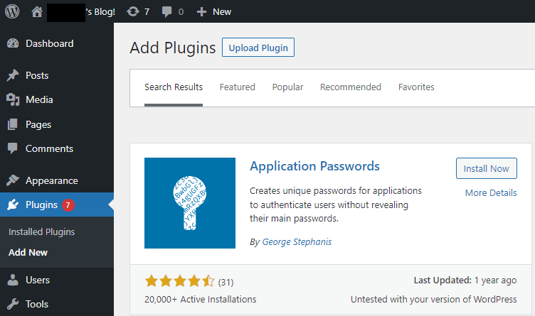 Instalando e ativando o plugin WordPress Application Passwords.