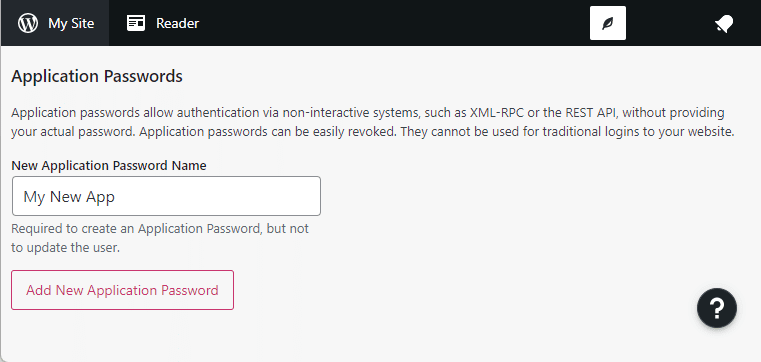 Tableau de bord du plugin Application Passwords.