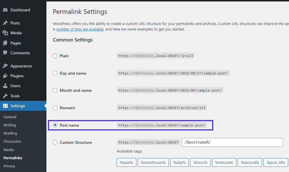 Cambiar la configuración de enlaces permanentes de WordPress.