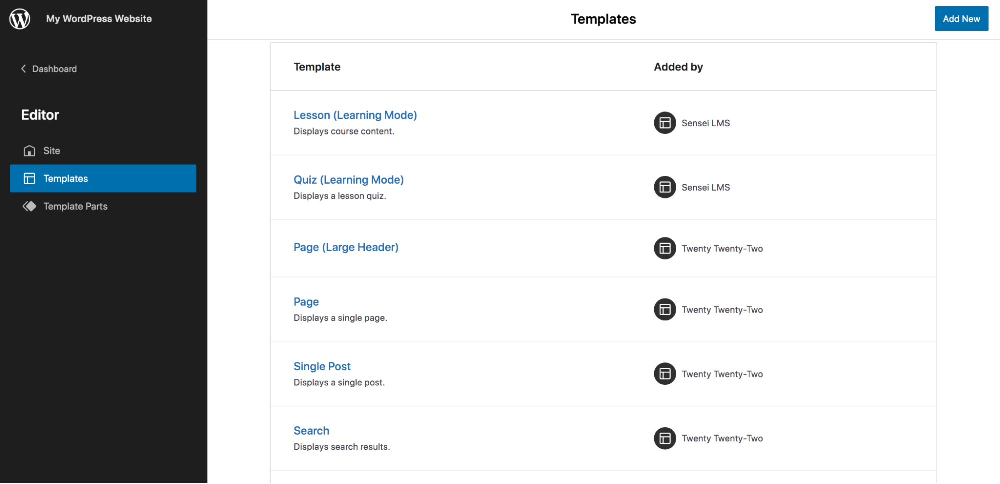 modelli disponibili nell'editor di WordPress